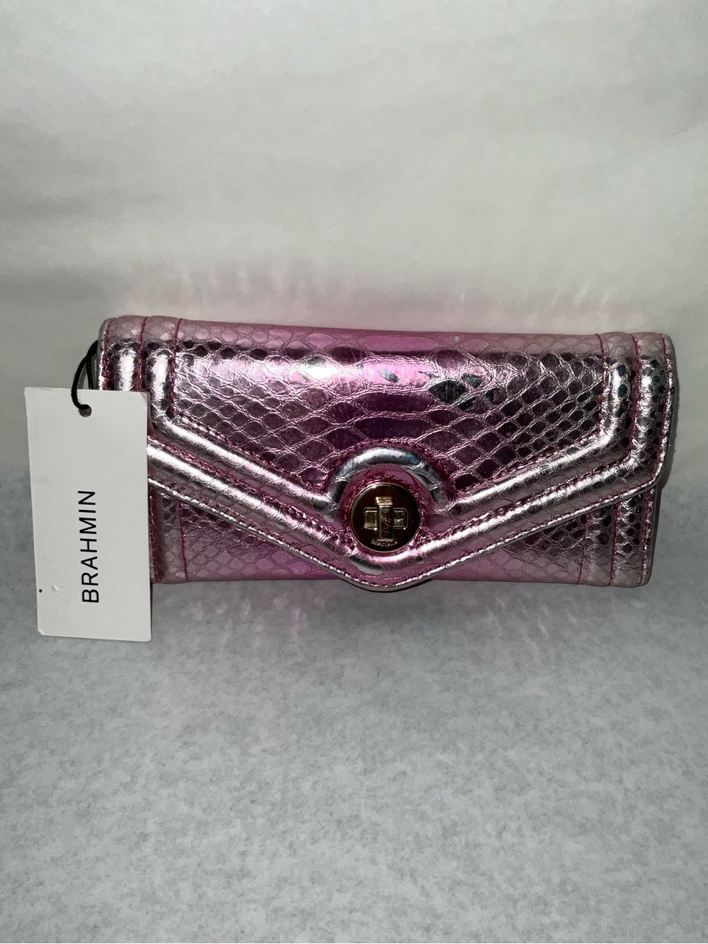 Brahmin Metallic Pink Envelope Wallet with Turn-Lock